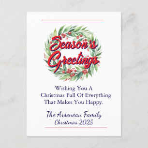 Cartão Postal De Festividades Floral Season's Saudações Red Personalize