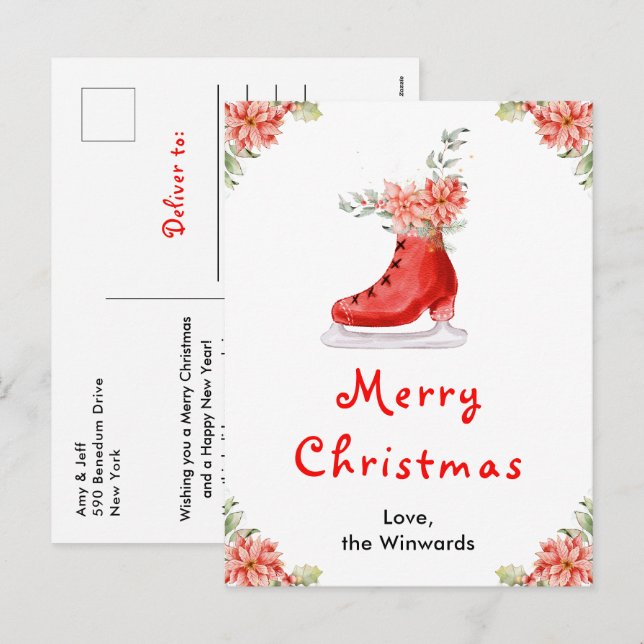 Cartão Postal De Festividades Floral Skate de gelo Vermelho Feliz Natal (Frente/Verso)
