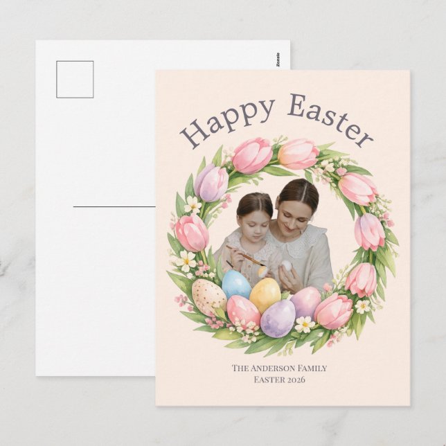 Cartão Postal De Festividades Floral Wreath & Family Photo Personalized Easter  (Frente/Verso)