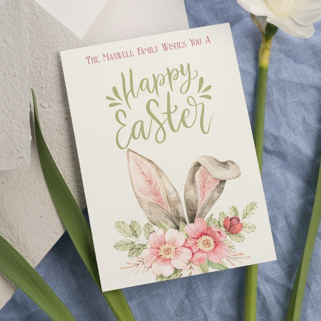 Cartão Postal De Festividades Flores De Aquarela De felz pascoa Cute (Happy Easter Cute Bunny Ears Watercolor Flowers Holiday Postcard
)