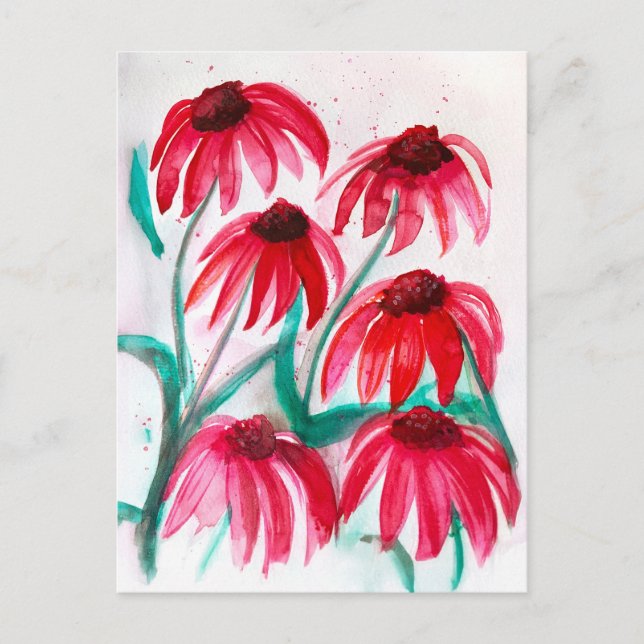 Cartão Postal De Festividades Flores de Echinacea em Sangue - Estilo de Aquarela (Frente)