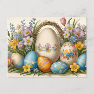 Cartão Postal De Festividades Flores de primavera da Páscoa vintage e ovos pinta