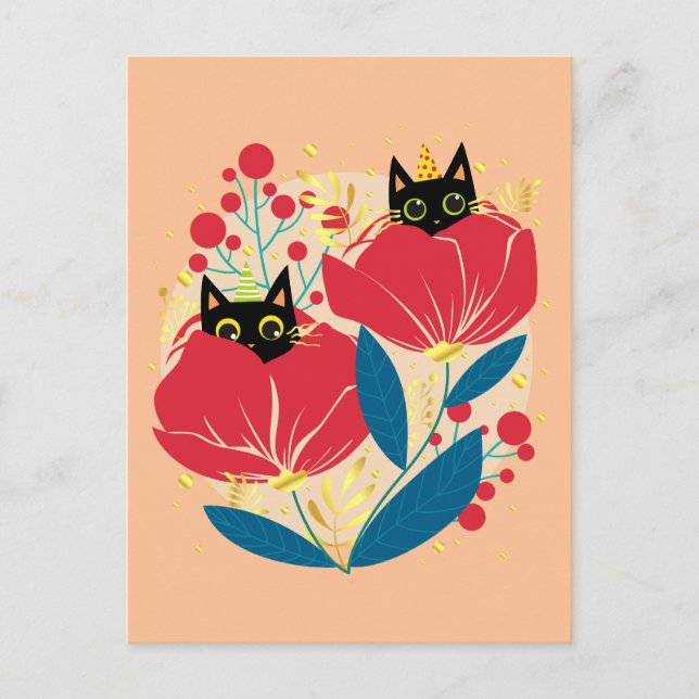 Cartão Postal De Festividades Flores Douradas de Jardim de Gato Preto (Frente)