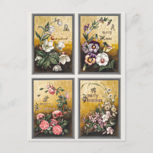 Cartão Postal De Festividades Flores e Reindeer com trenó (1865-1899)