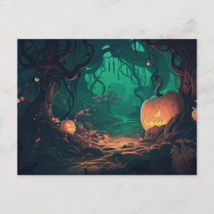 Cartão Postal De Festividades Floresta Assombrada com Jack-O' Lanterns Halloween