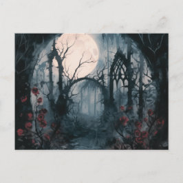 Cartão Postal De Festividades Floresta Assombrada Lua Cheia Rosas Vermelhas Hall