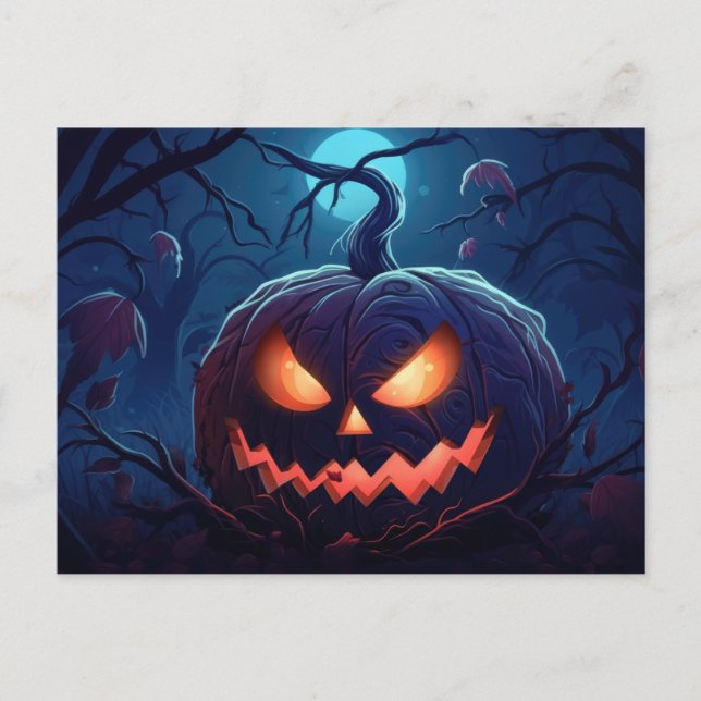 Cartão Postal De Festividades Floresta assustadora com os Lanternas do Jack-O (Frente)