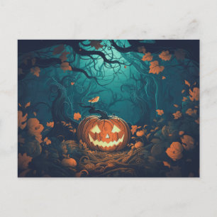 Cartão Postal De Festividades Floresta assustadora com os Lanternas do Jack-O