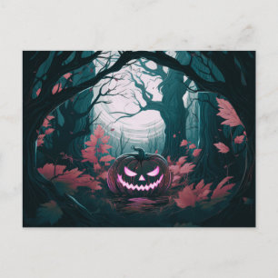 Cartão Postal De Festividades Floresta assustadora com os Lanternas do Jack-O