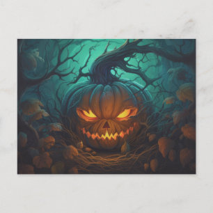 Cartão Postal De Festividades Floresta assustadora com os Lanternas do Jack-O