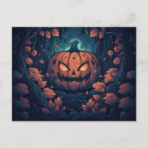 Cartão Postal De Festividades Floresta assustadora com os Lanternas do Jack-O