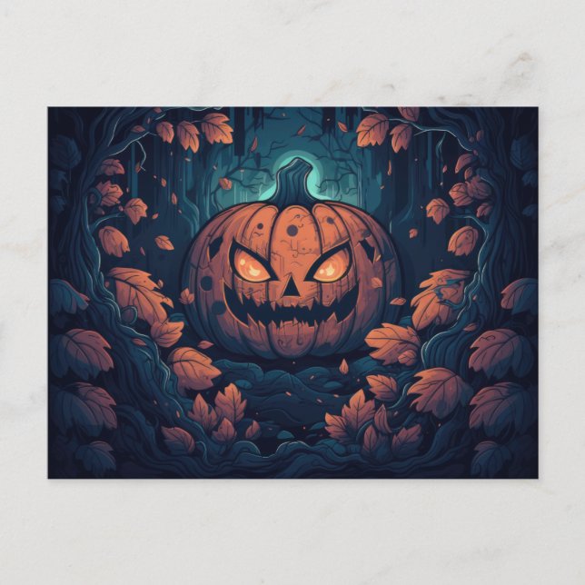 Cartão Postal De Festividades Floresta assustadora com os Lanternas do Jack-O (Frente)