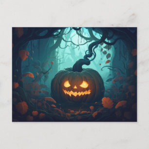 Cartão Postal De Festividades Floresta assustadora com os Lanternas do Jack-O