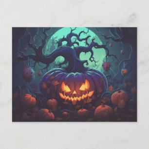 Cartão Postal De Festividades Floresta assustadora com os Lanternas do Jack-O