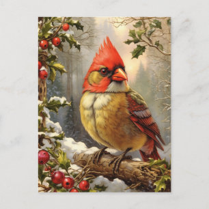 Cartão Postal De Festividades Floresta de Natal com Holly Berry, Bird, inverno