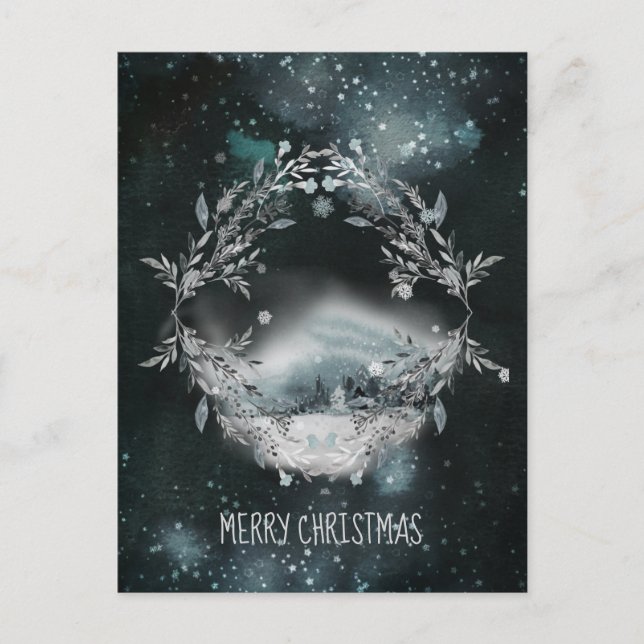 Cartão Postal De Festividades Floresta em Neve na Noite de Natal (Frente)