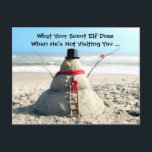Cartão Postal De Festividades Florida Beach Snowman e Elf Christmas PostCard<br><div class="desc">Na Flórida sabemos como viver - Sem Neve! Sem problemas! Fazemos um Sandman!</div>