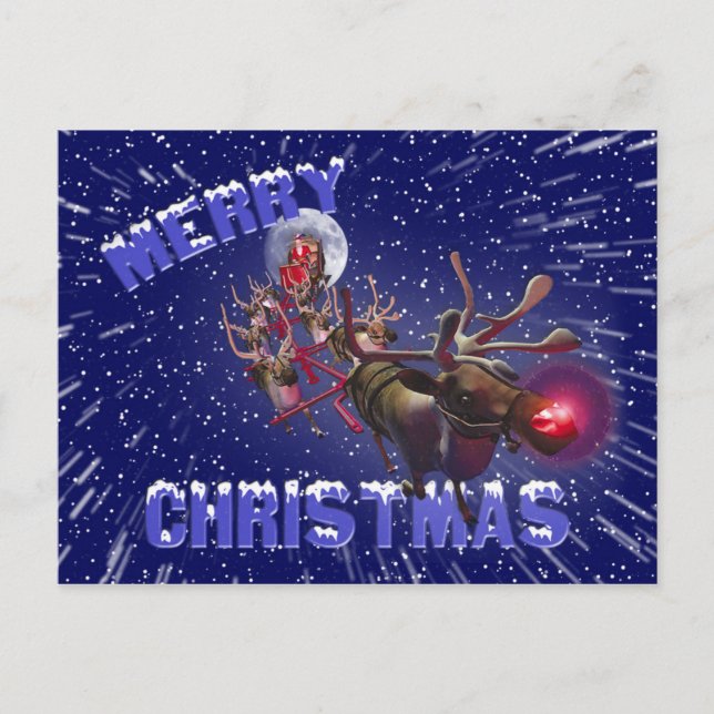 Cartão Postal De Festividades Flying Santa Claus Red Nosed Reindeer (Frente)