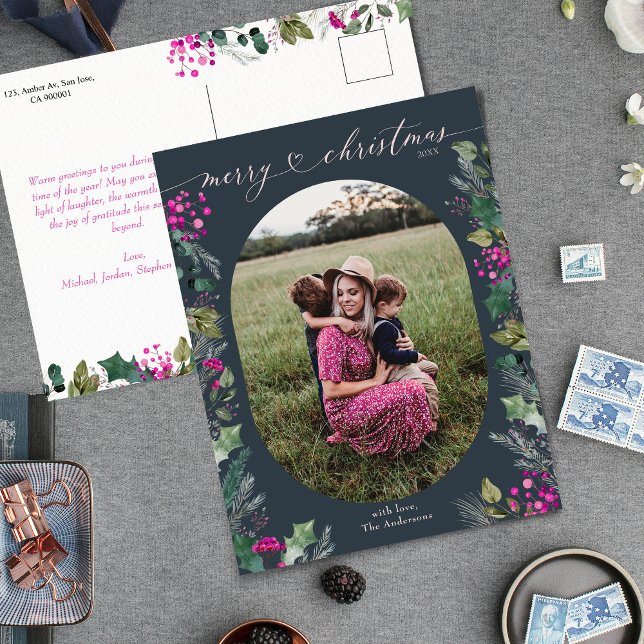 Cartão Postal De Festividades Folhagem Azul Aquarela 1 Foto Natal (Criador carregado)