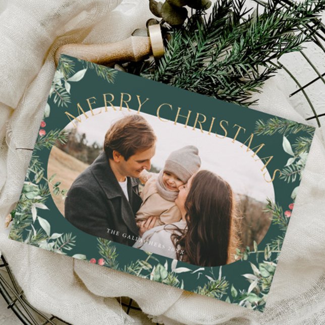 Cartão Postal De Festividades Folhagem Dourada de Natal Foto Glitter (Elegant Christmas Greenery Foliage Photo Holiday Postcard.)