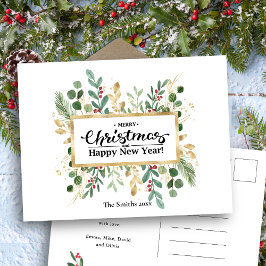 Cartão Postal De Festividades Folhagem Dourada elegante Verde Aquarela Floral