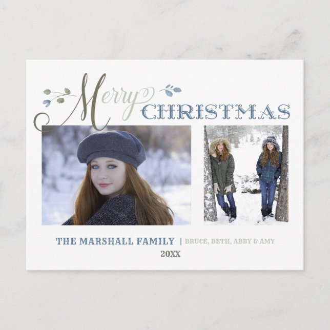 Cartão Postal De Festividades Folhas de Aquarela | 2 Foto | Feliz Natal (Frente)