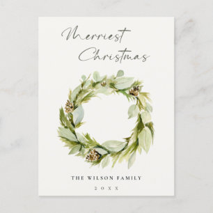 Cartão Postal De Festividades Foliage Green Winter Wreath Merriest Christmas