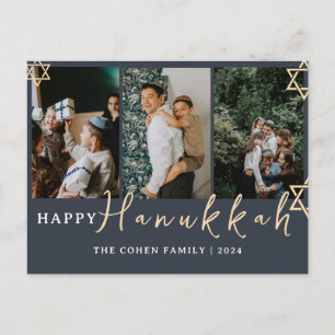 Cartão Postal De Festividades Foto 3 da família de Hanukkah feliz com caligrafia