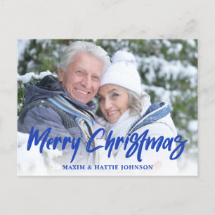 Cartão Postal De Festividades Foto Azul de Natal Alegre com Letra de Pincel Mode