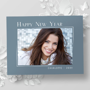 Cartão Postal De Festividades Foto Azul Simples E Elegante Do feliz ano novo