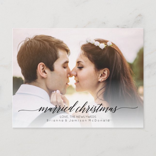 Cartão Postal De Festividades Foto casada de Natal recém-casada | Preto (Frente)