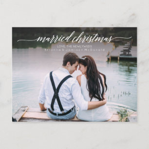 Cartão Postal De Festividades Foto casada de Natal recém-casada   Script Branco