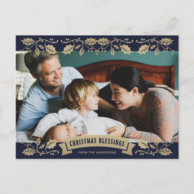 Cartão Postal De Festividades Foto cristã de abençoações do Natal azul (Frente)