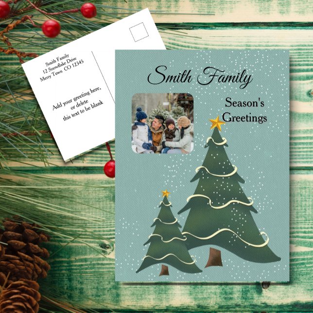 Cartão Postal De Festividades Foto da Cena da Árvore de Natal verde azul (Criador carregado)