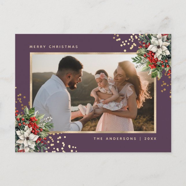 Cartão Postal De Festividades Foto da Elegante Violet Dourada Poinsettia Holly B (Frente)