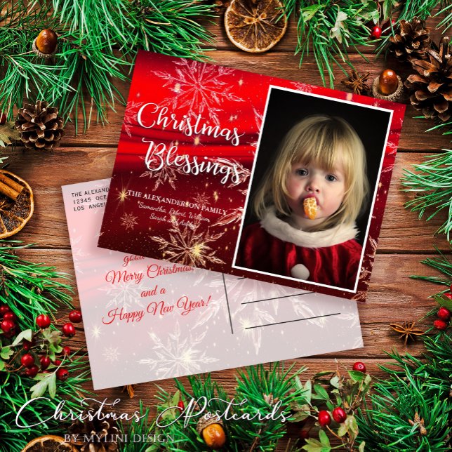 Cartão Postal De Festividades Foto da Família Bênçãos de Natal Vermelho (Criador carregado)