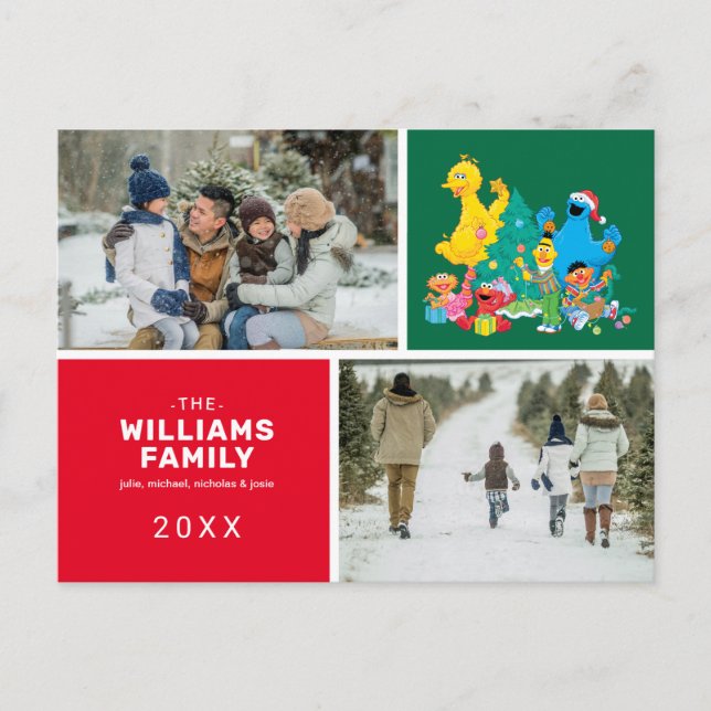 Cartão Postal De Festividades Foto da família de Natal da Sésame Street (Frente)