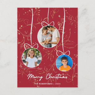Cartão Postal De Festividades Foto da família de Natal Dourada, Na moda Vermelha