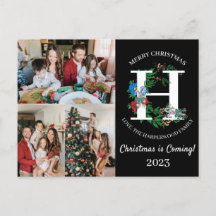 Cartão Postal De Festividades Foto da Família de Script Wreath Monogramas de Nat