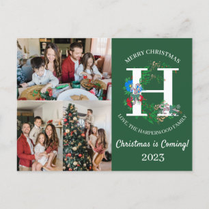 Cartão Postal De Festividades Foto da Família de Script Wreath Monogramas de Nat