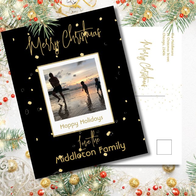 Cartão Postal De Festividades Foto da família Elegante Black & Dourada Felry Chr (Criador carregado)