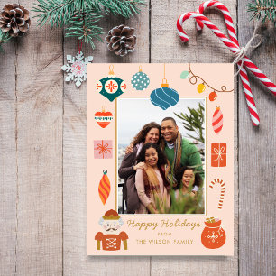 Cartão Postal De Festividades Foto da Família Fofo de Ornamento Rosa de Natal