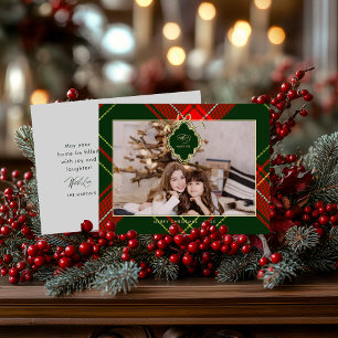 Cartão Postal De Festividades Foto da Xadrez Verde Vermelha Clássica Crest Natal