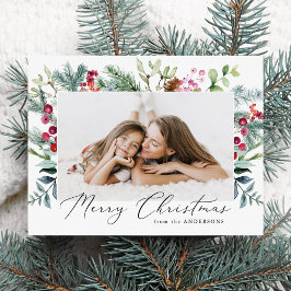 Cartão Postal De Festividades Foto de Azevinho e Folhagem em Aquarela Elegante