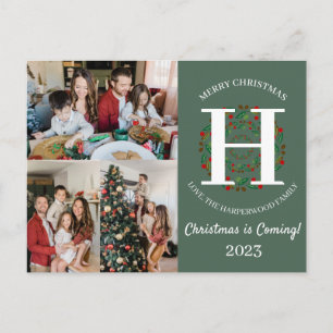 Cartão Postal De Festividades Foto de Família com Coroa de Natal e Monograma em