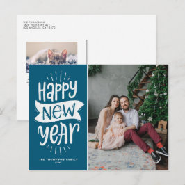 Cartão Postal De Festividades Foto de Feliz ano novo Azul com Tipografia Rústica
