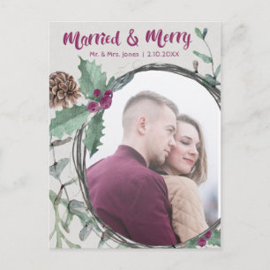 Cartão Postal De Festividades Foto de Feriado Rustic Married & Feliz Calliograph