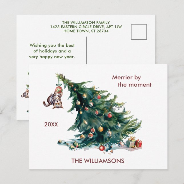 Cartão Postal De Festividades Foto de gato perigosa da árvore de Natal (Frente/Verso)