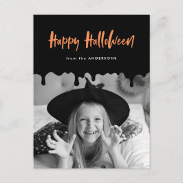 Cartão Postal De Festividades Foto de Halloween preta e laranja com sangue pinga