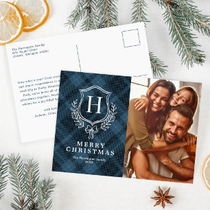 Cartão Postal De Festividades Foto de Natal com Monograma em Xadrez Azul